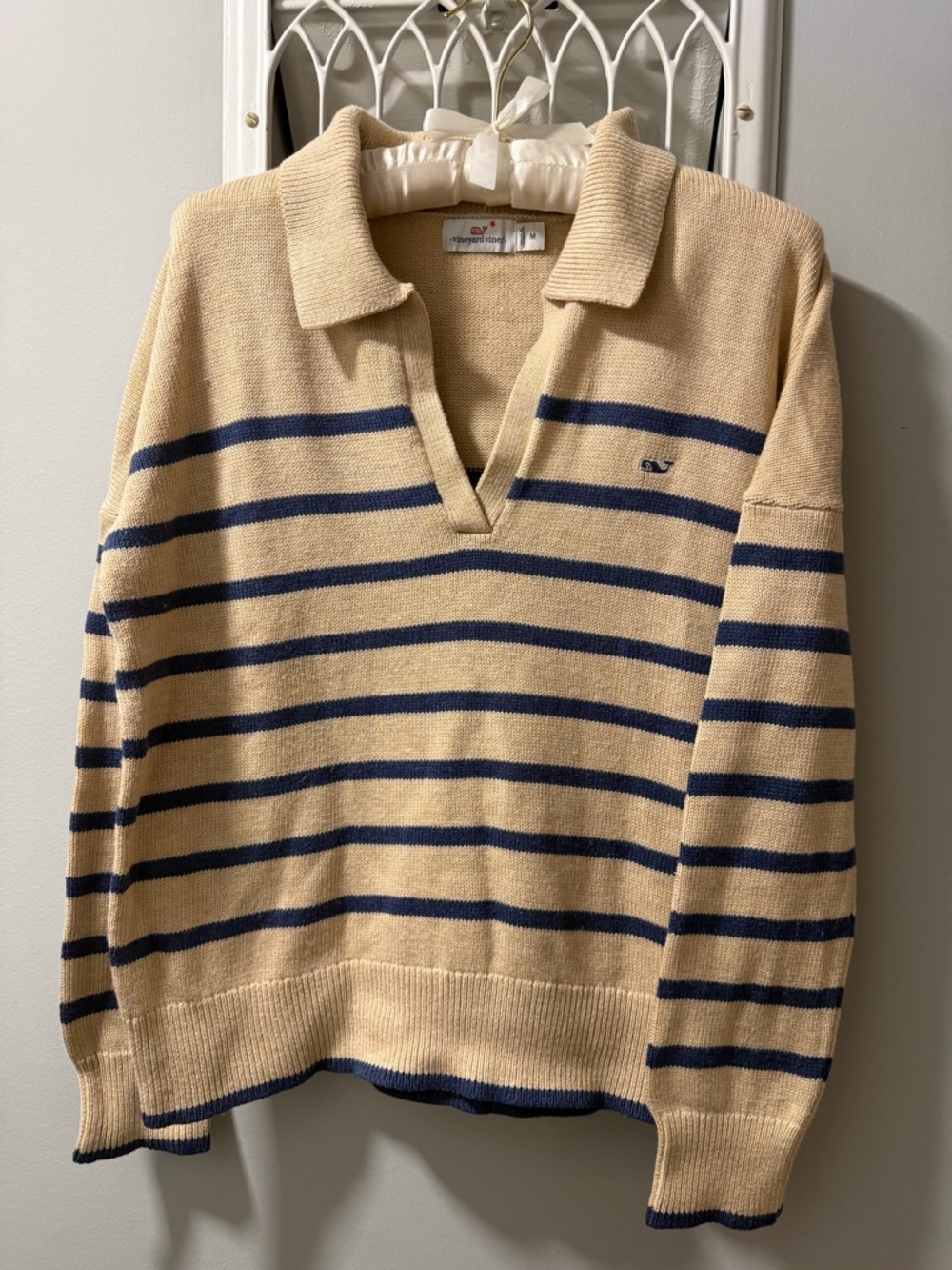 Vineyard Vines Beige and Navy Striped Polo Sweater, Medium